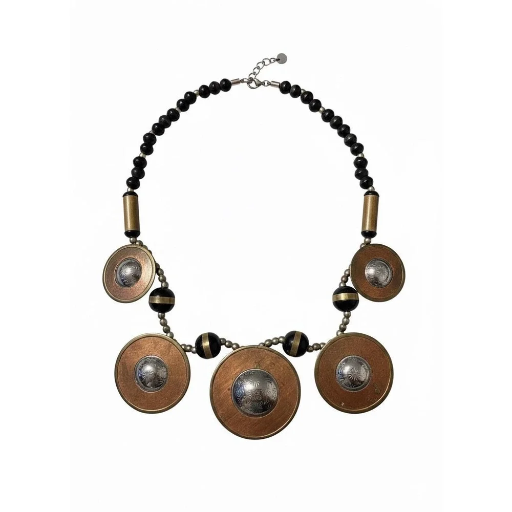 Unique Gem! 1970s Statement Necklace Boho Tribal Wood Beads Copper Accents Retro